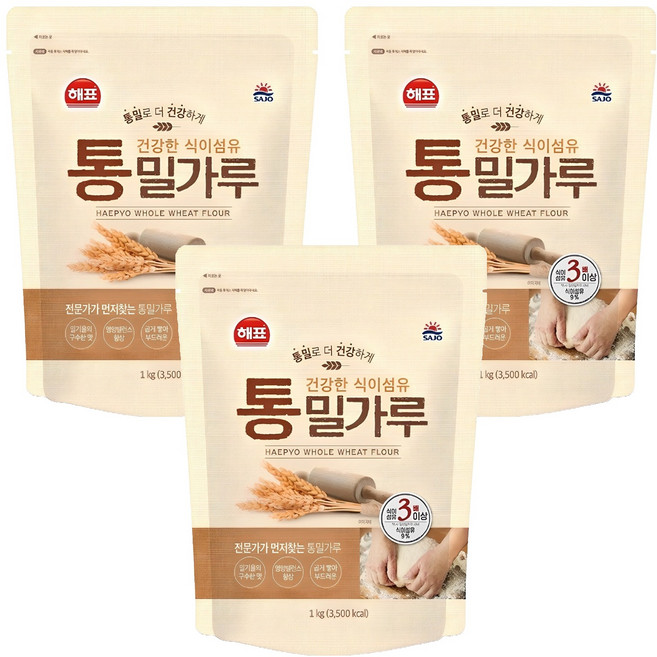 해표 통밀가루, 1kg, 3개