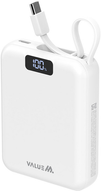 밸류엠 PD 22.5W 고속충전 케이블 일체형 미니 보조배터리 10000mAh C타입, 화이트, VM-B2PA10MNCP
