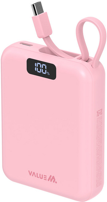 밸류엠 PD 고속충전 케이블 일체형 미니 보조배터리 10000mAh 22.5W C타입, VM-B2PA10MNCP, 핑크