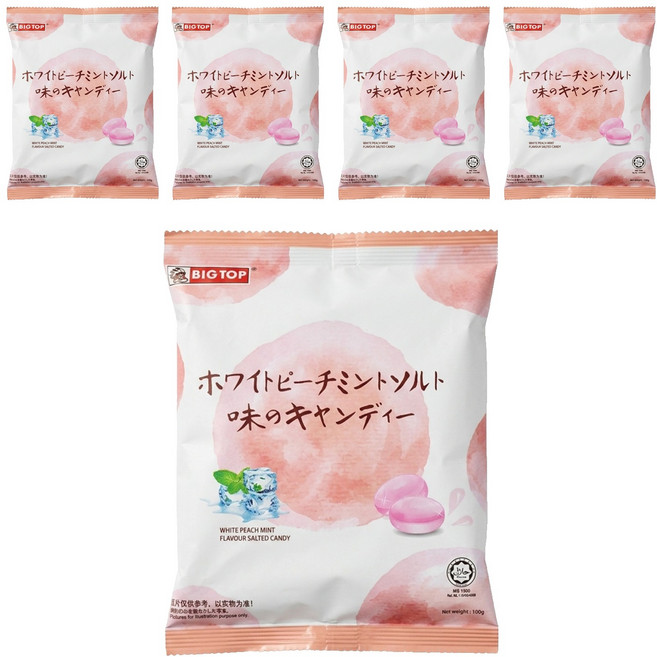 BIG TOP 水蜜桃薄荷味鹽糖, 100g, 5袋