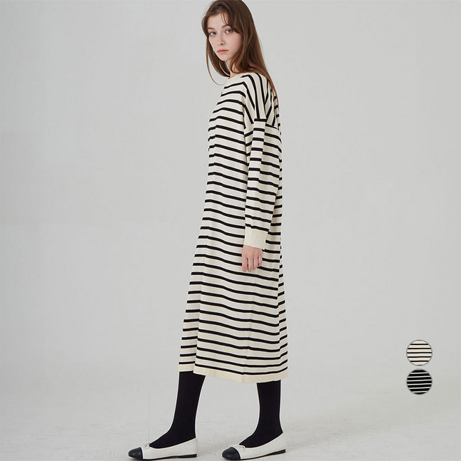 ELLE PARIS 루즈핏 소프트터치 스트라이프 롱 니트 원피스
