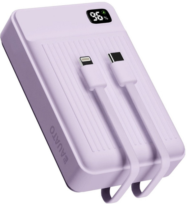 바우아토 포켓쉴 고속 입출력 케이블 일체형 미니 대용량 난연 보조배터리 20000mAh C타입 애플8핀 PD 22.5W, 파스텔퍼플
