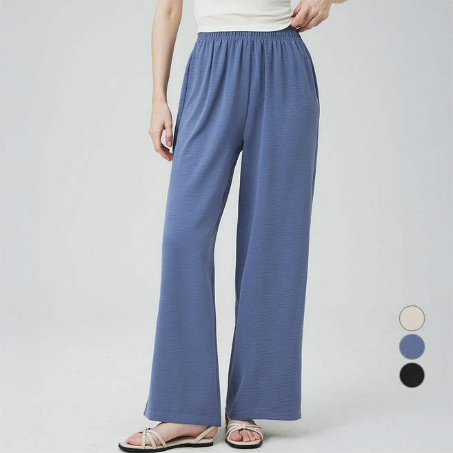 ELLEPARIS 여성용 크링클 풀밴딩 와이드 썸머 팬츠