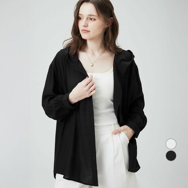 ELLEPARIS 여성용 루즈핏 체형커버 크링클 시스루 후디 블라우스