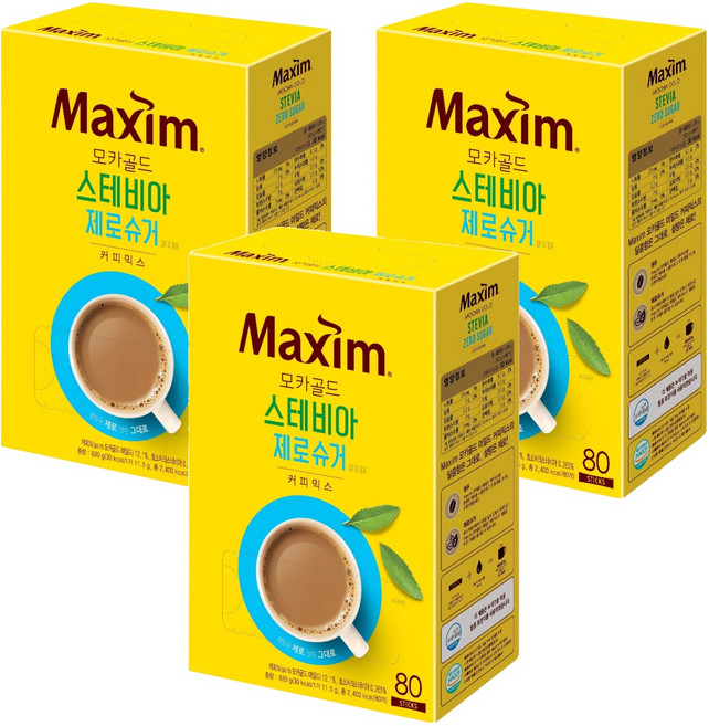 맥심 모카골드 스테비아 제로슈거 커피믹스, 11.5g, 80개입, 3개