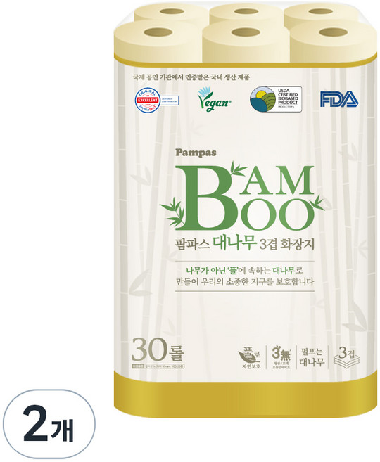 Pampas 대나무 3겹 화장지, 27m, 30롤, 2개