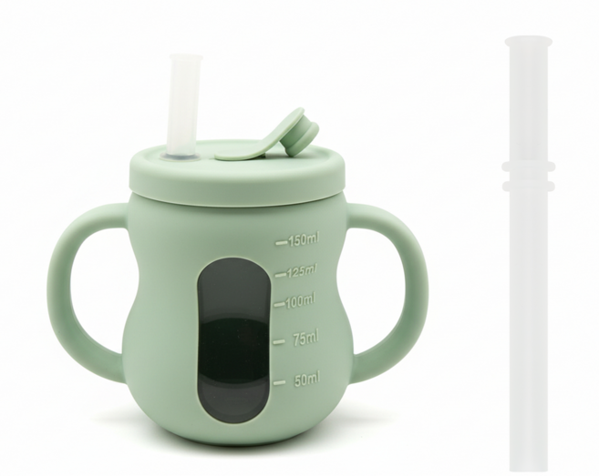 맘앤리틀 베이비 땅콩 실리콘 3in1 빨대컵, 피스타치오 그린, 1개, 150ml