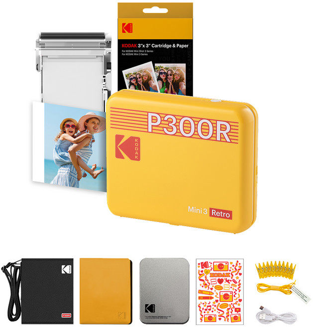 KODAK 柯達 Mini 3 復古相片印表機 P300R + 相紙匣 + 配件組, 黃色
