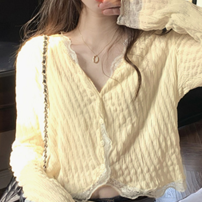 더플로우커머스 여성용 러블리 무드 레이스 브이넥 크롭 긴팔 가디건