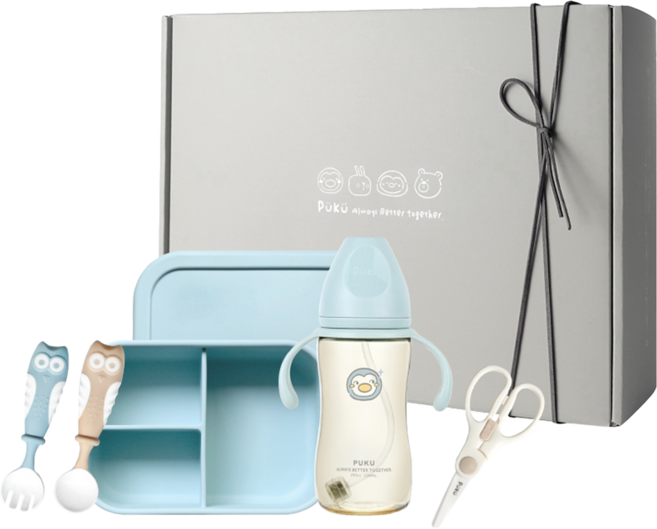 PUKU 藍色企鵝 飽飽午茶副食品入門禮盒 P11539-299 寬口PPSU練習奶瓶 + 陶瓷食物剪 + 分隔矽膠餐盒 + 學習湯叉組, 靜藍色, 寬口PPSU練習奶瓶 + 陶瓷食物剪 + 分隔矽膠餐盒 + 學習湯叉, 1組