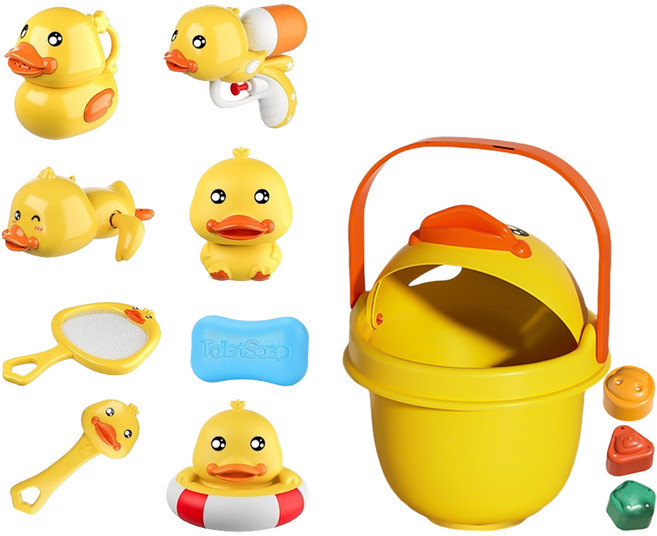 洗澡玩具8件 + 收納桶組, 小鴨 黃色, 1組