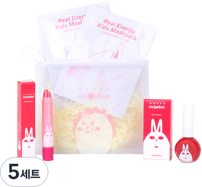 레시피박스 어린이 여행용 심플 메이크업 세트, 휴대용 파우치 + 어린이 마스크팩 2p + 립크레용 + 매니큐어 글로시펄 레드, 5세트