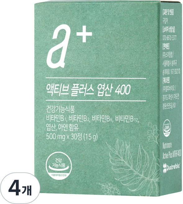 뉴트리모어 액티브 플러스 엽산 400 15g, 30정, 4개 - 쿠팡
