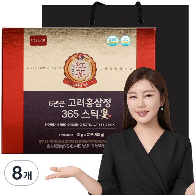 정원삼 6년근 고려홍삼정 365 스틱 황, 300g, 8개