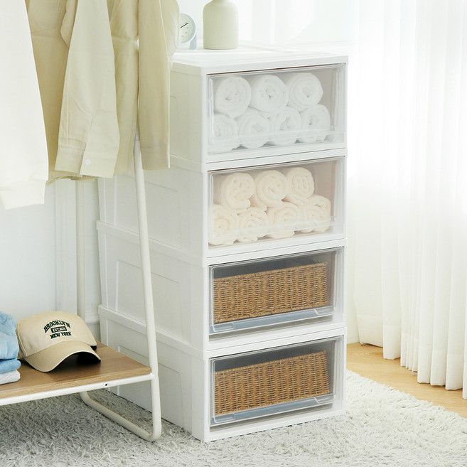 코멧 국내생산 폭 넓은 클리어 시스템 수납장 와이드서랍, 화이트, 4개