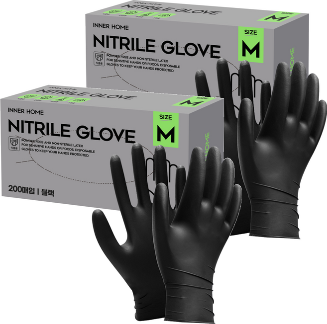 이너홈 무분말타입 니트릴 장갑 200p, 블랙, 중(M), 2개