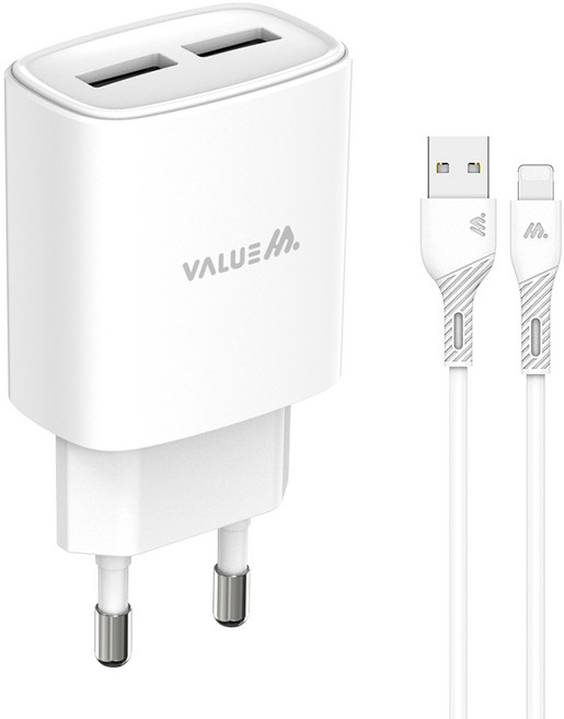 밸류엠 2포트 2.1A 듀얼 멀티 충전기 + 8핀 케이블 세트, 화이트, 1세트