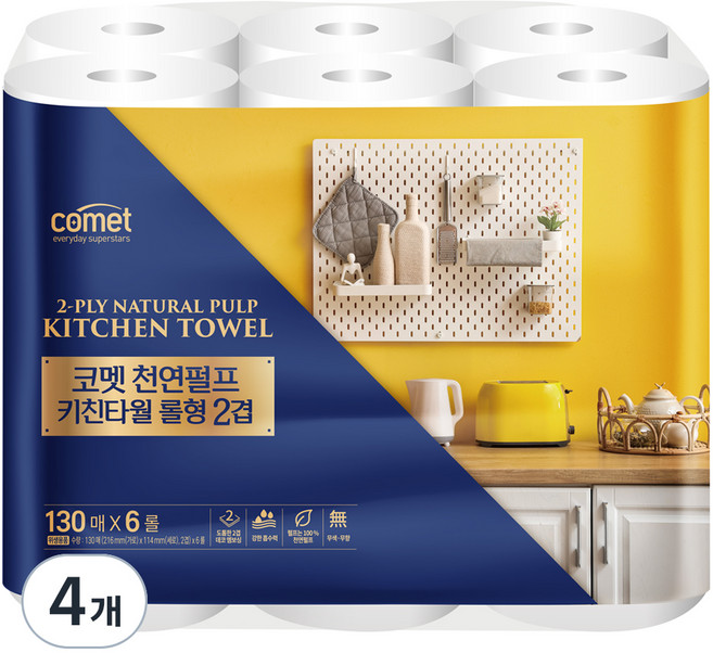 코멧 천연펄프 키친타올 롤형 2겹 130매, 6롤, 4개