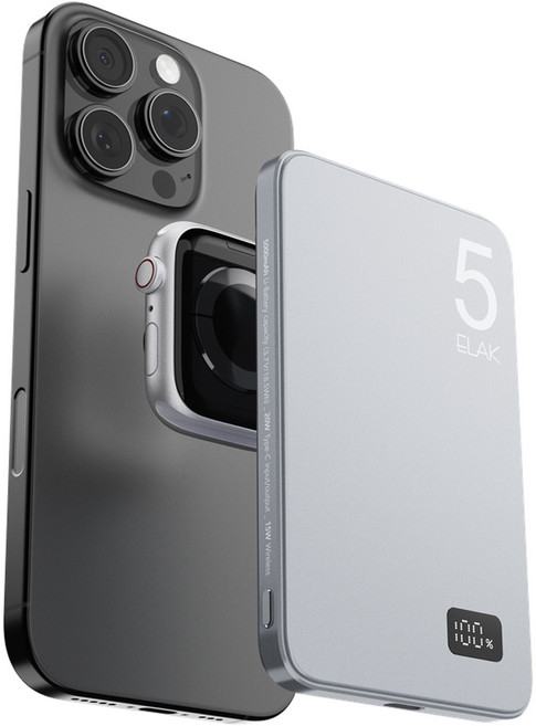 ELAK 3 in 1 에어팟 애플워치 충전 초슬림 초경량 무선 맥세이프 고속 충전 보조배터리 5000mAh, DS-21, 스페이스 그레이