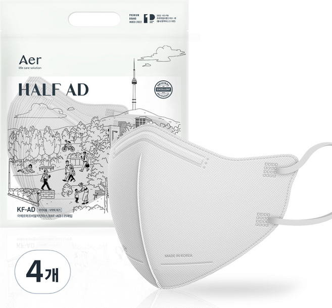 아에르 하프 비말 차단 마스크 중형 KF-AD, 25매입, 4개, 화이트