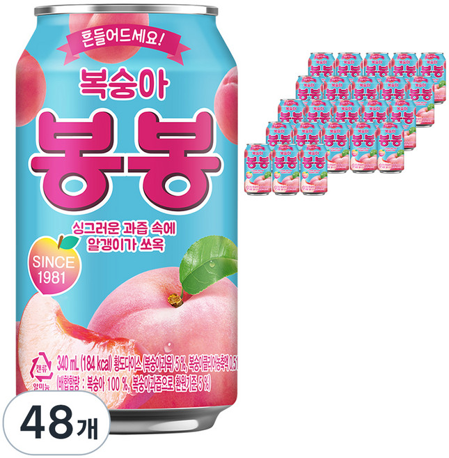 해태htb 복숭아 봉봉, 340ml, 48개