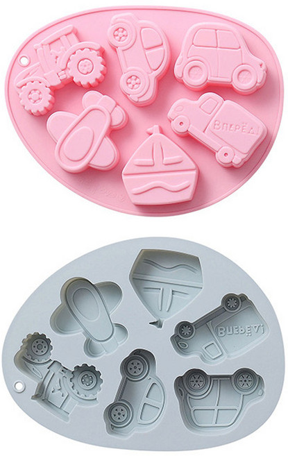 이홈베이킹 주먹밥 실리콘 몰드 탈것 6구 2종 세트, 블루, 핑크, 1개