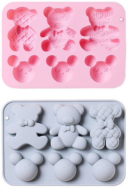 이홈베이킹 마우스 3구 귀여운곰돌이 3구 실리콘몰드 2종 세트, 블루, 핑크, 1세트