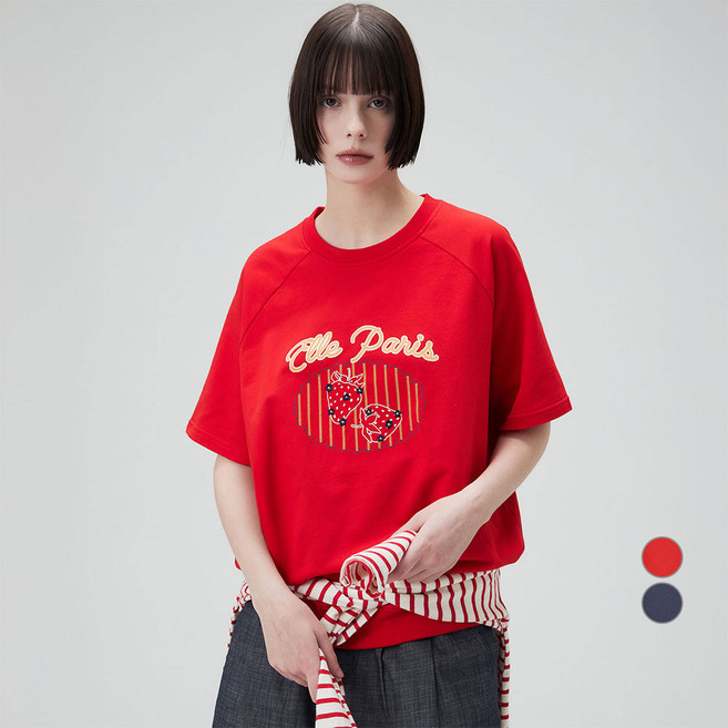 ELLEPARIS 여성용 딸기 그래픽 라그란 소매 반팔 스웻셔츠