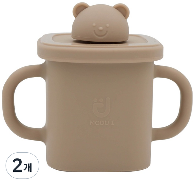 모두아이 유아용 실리콘 곰돌이 사각 스파우트컵, 샌드베이지, 2개, 375ml