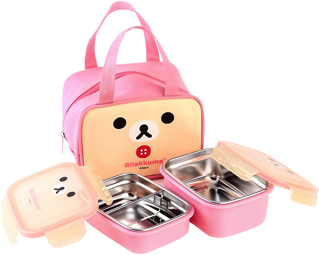 리락쿠마 이중 스텐 2단 얼굴 도시락 + 가방, 아이보리, 1세트