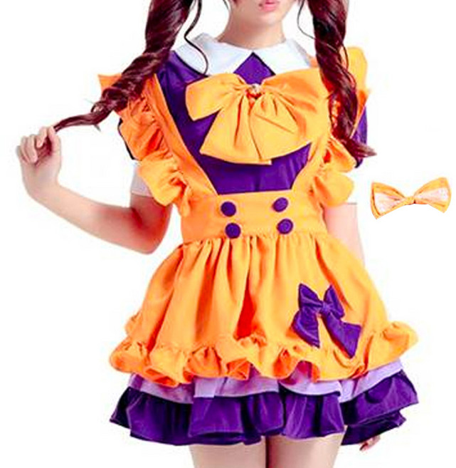 스투피드 Nine9 할로윈 로리타 원피스 + 머리띠 + 앞치마 + 리본 + 방울 + 왕리본 코스프레 풀세트, 오렌지, 1세트