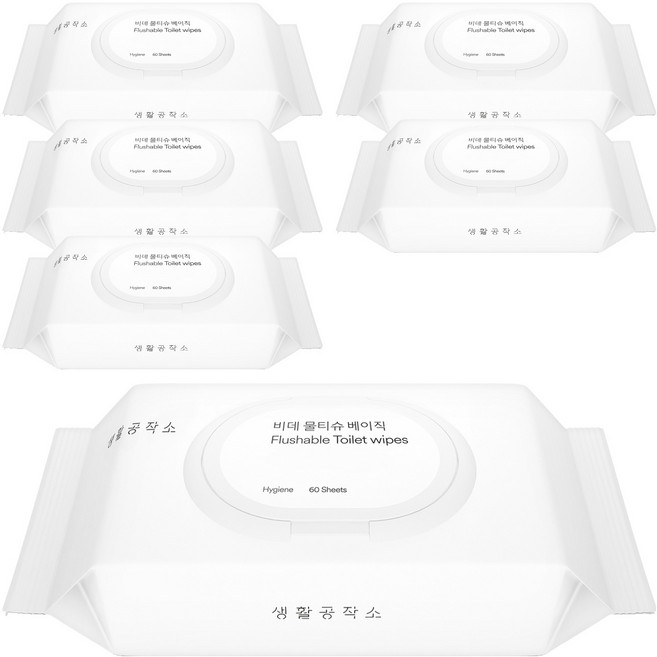 생활공작소 베이직 비데 물티슈 캡형, 60매, 6개