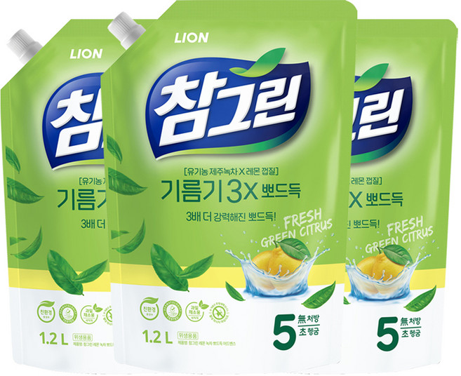 참그린 레몬 녹차 뽀드득 어드밴스 주방세제 리필, 1.2L, 3개