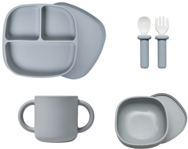 랄라비 유아용 아이주도 이유식 플러스 흡착식기 4종 세트, 04 Gray, 흡칙식판 + 플러스 스푼 포크 + 케이스 + 흡착볼 + 컵, 1세트