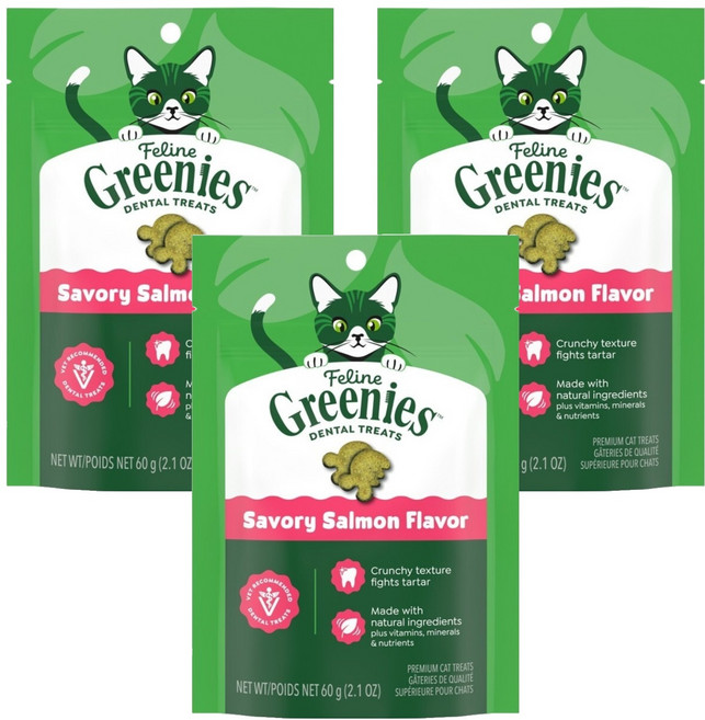 Greenies 健綠 貓咪潔牙餅, 2.1oz, 3個, 開胃鮮鮭