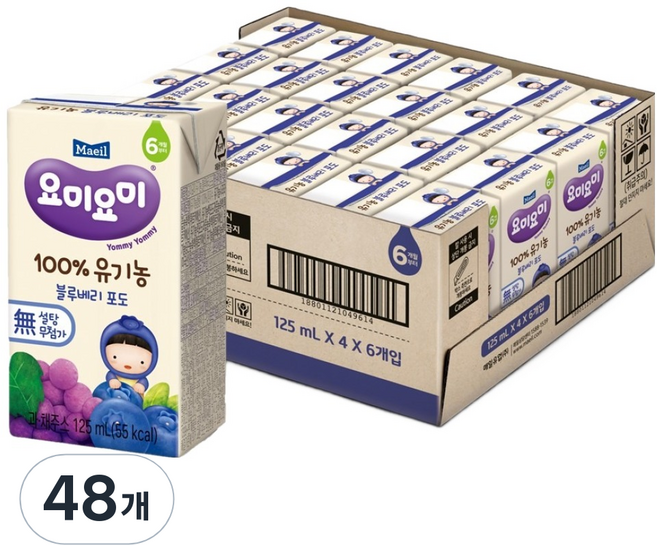 요미요미 100% 유기농 블루베리 포도, 125ml, 48개