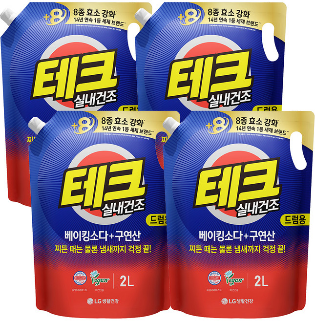테크 베이킹소다 플러스 구연산 실내건조 액체세제 드럼용 리필, 2L, 4개