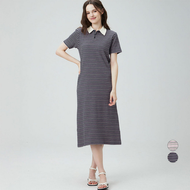 ELLEPARIS 여성용 소프트 텐션 스트라이프 립 반소매 카라 롱 원피스