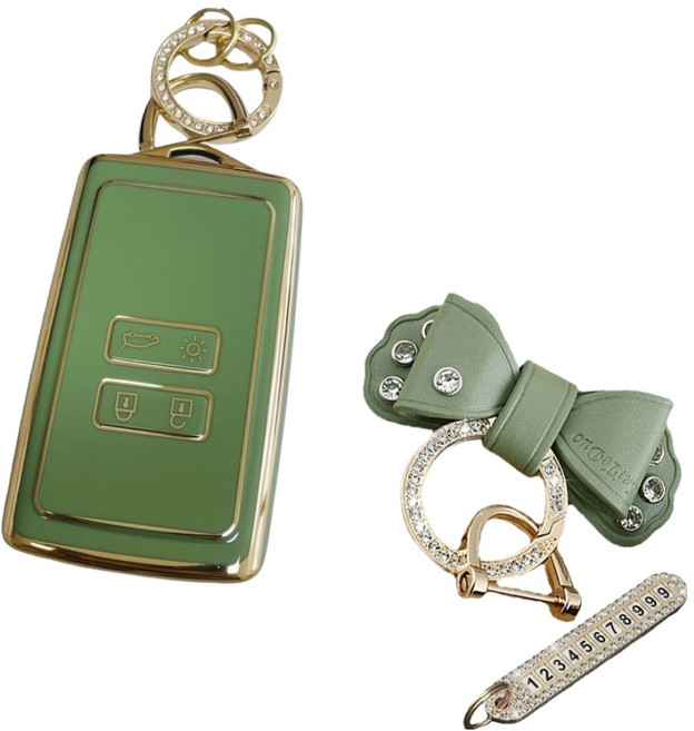 루루형제 르노 삼성 자동차 호환 TPU 키케이스 + 번호키링+ 가죽리본키링, 올리브그린, AS-01