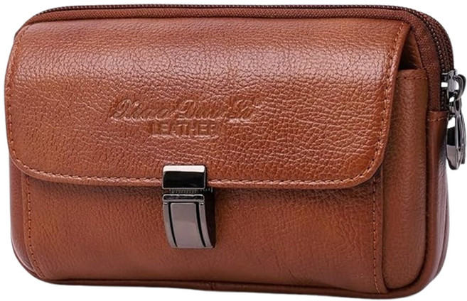 Xiao Duo Li LEATHER 真皮頭層牛皮雙拉鍊男士腰掛包手機包 18 x 11 x 5cm 橫款咖
