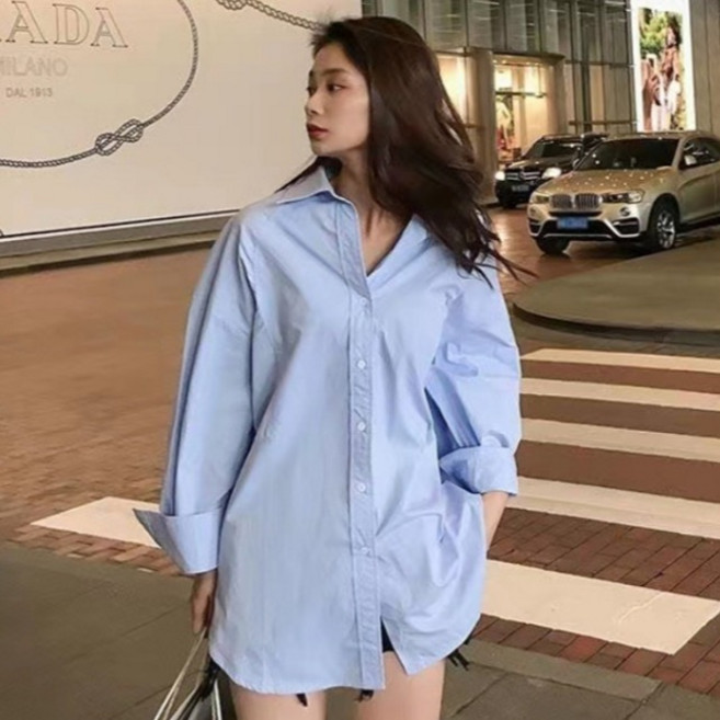 PEONIST 女款彩色寬鬆版型捲袖長版襯衫