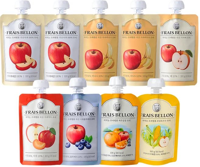 프레벨롱 짜먹는 국산 과일퓨레 9팩, 사과 + 바나나 + 배 + 자두 + 블랙베리 + 제주감귤 + 초당옥수수, 900g, 1세트 - 쿠팡