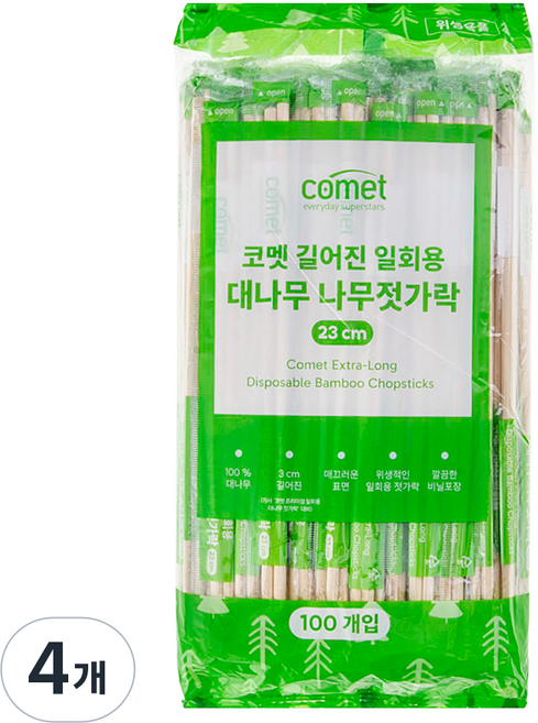 코멧 길어진 일회용 대나무 나무젓가락 23cm, 4개, 100개입