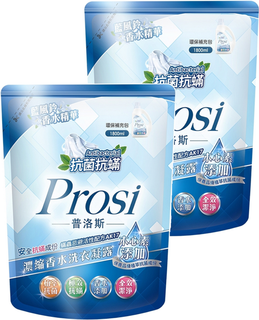 Prosi 普洛斯 濃縮香水洗衣凝露補充包 藍風鈴, 1.8L, 2包