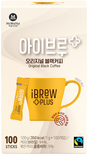 아이브루 플러스 공정무역 오리지널 블랙 원두커피스틱, 1g, 100개입, 1개