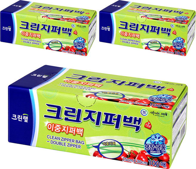 크린랩 크린 이중지퍼백, 대(L), 100개입, 3개