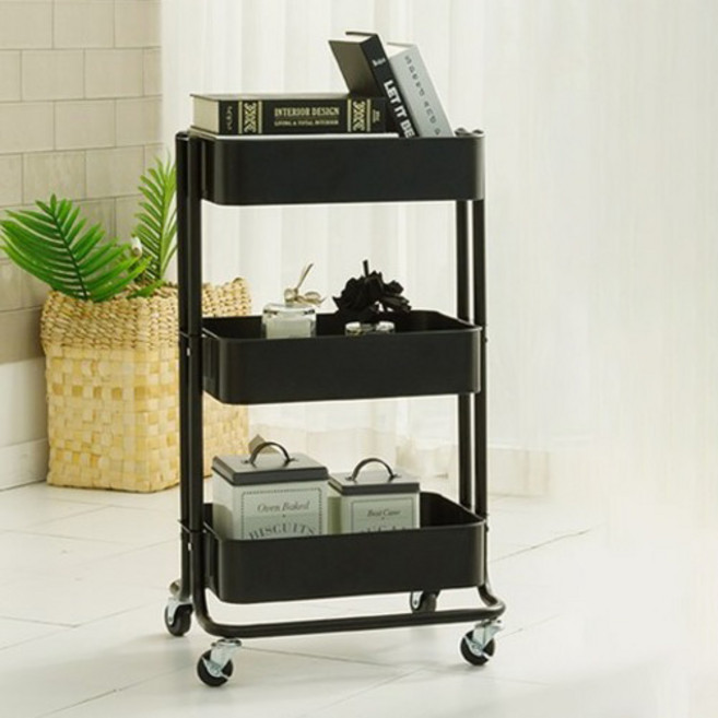 브이앤비리빙 철제 선반 트롤리, 블랙, 3단