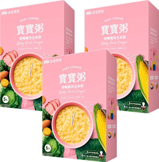 波堤寶寶 寶寶粥 順暢豬肉玉米粥 6個月~2.5歲 5包, 750g, 3盒