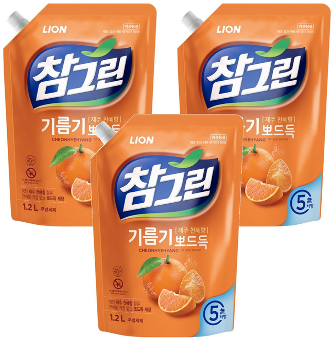 참그린 천혜향 기름기 뽀드득 주방세제 리필, 1.2L, 3개