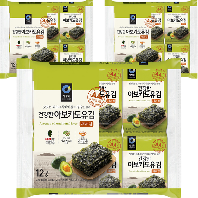청정원 건강한 아보카도유김 재래김, 48g, 3개
